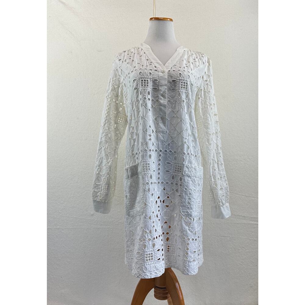 Maeve Anthropologie Geo Eyelet Shirtdress V-Neck Long Sleeve SZ L Beachy Shore